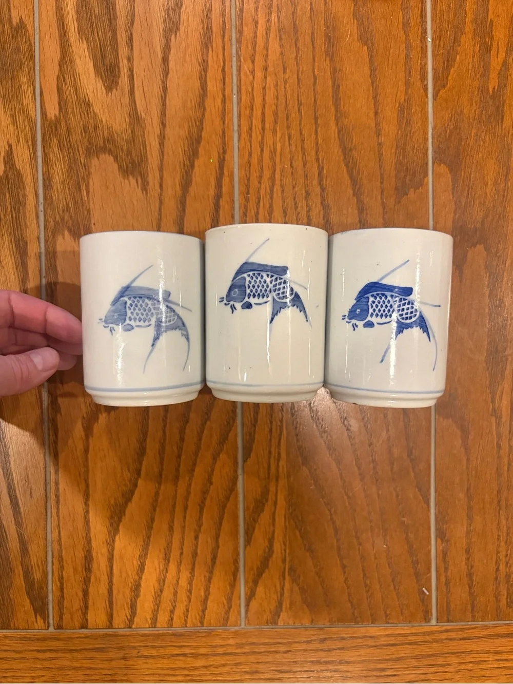 Pier 1 White Ceramic Tea or Sake Cups with Blue Koi Fish Design set of 3